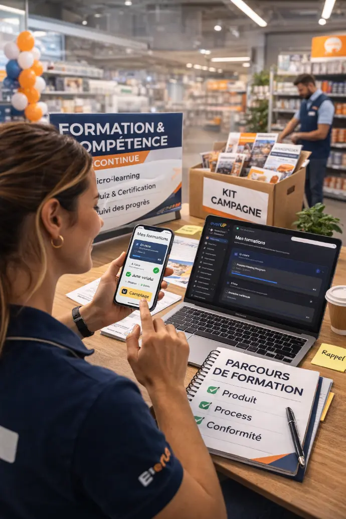 Employee using EverUp for continuous training in-store