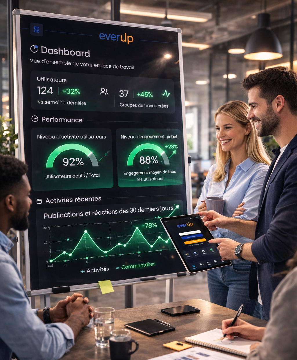 Team meeting with EverUp dashboard for network management