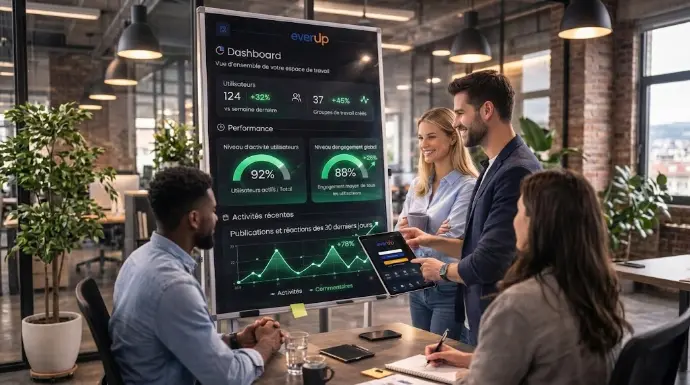 Team meeting with EverUp dashboard for network management